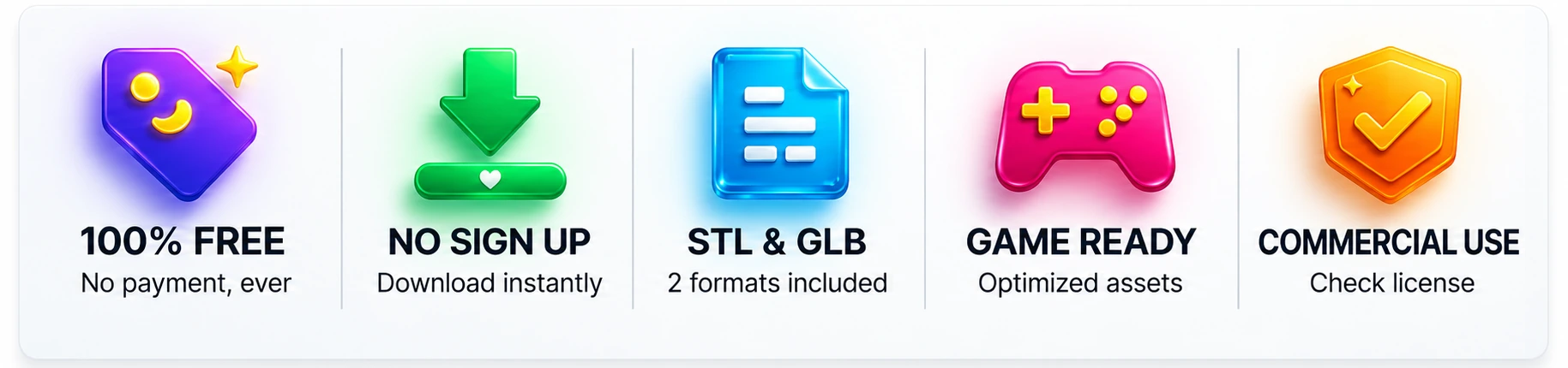 100% Free, No Sign Up, STL & GLB, Game Ready, Commercial Use, Regular Updates