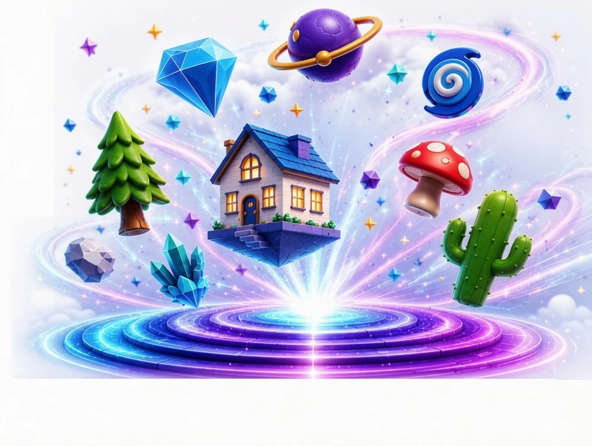 Assorted free 3D models — house, diamond, planet, mushroom, cactus, and pine tree floating above a glowing portal
