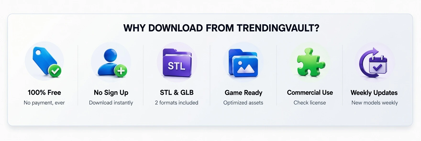 Why download from TrendingVault — 100% Free, No Sign Up, STL & GLB, Game Ready, Commercial Use, Weekly Updates